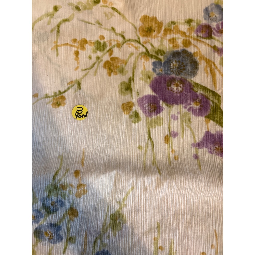 Vintage Floral Crinkle Fabric Remnant 3 Yards Watercolor Botanical Print Cream